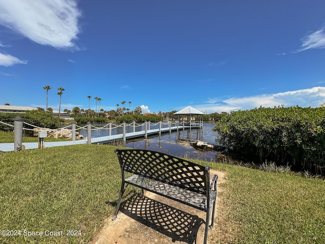 view of yard featuring a water view and a boat dock