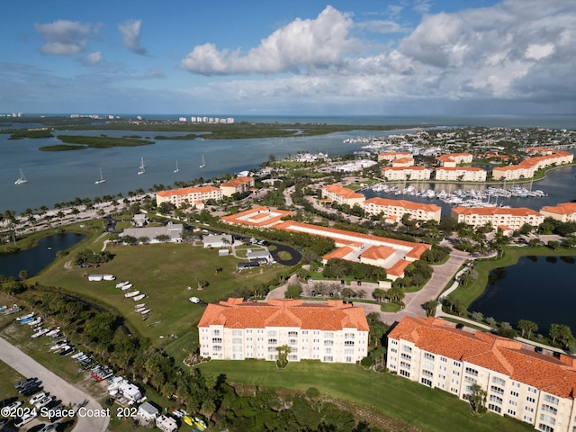 drone / aerial view featuring a water view