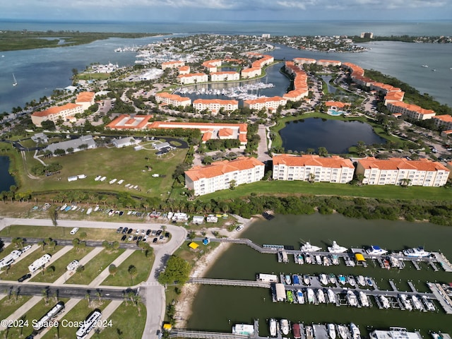 bird's eye view with a water view