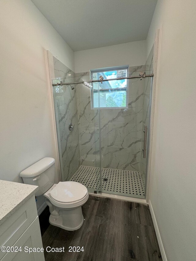 bathroom with vanity, toilet, wood-type flooring, and a shower with shower door