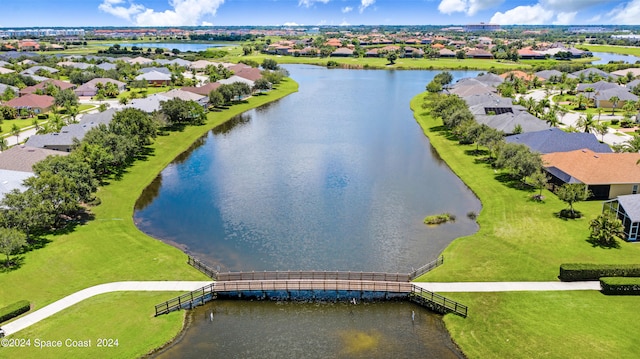 aerial view featuring a water view