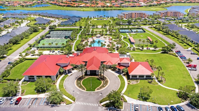 drone / aerial view with a water view