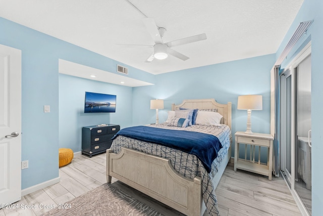 bedroom featuring light wood-type flooring and ceiling fan