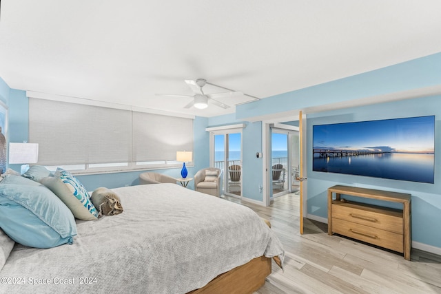 bedroom featuring light hardwood / wood-style flooring and ceiling fan