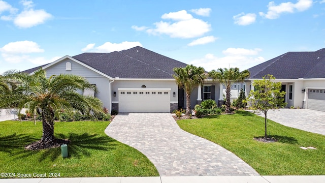 view of front of property with a front yard and a garage