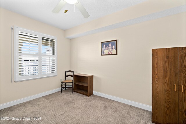 interior space featuring light carpet, a textured ceiling, and ceiling fan