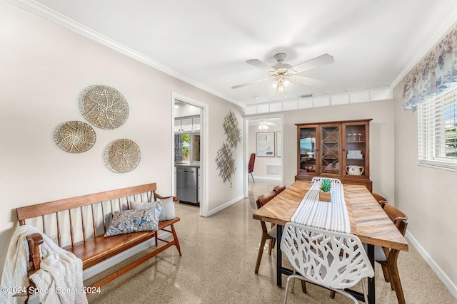 dining room featuring ceiling fan and crown molding