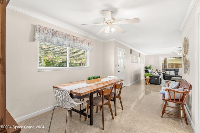 dining space with plenty of natural light, ceiling fan, and ornamental molding