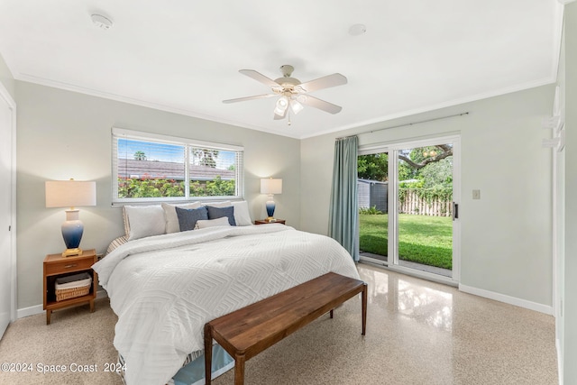 bedroom with crown molding, access to exterior, ceiling fan, and multiple windows