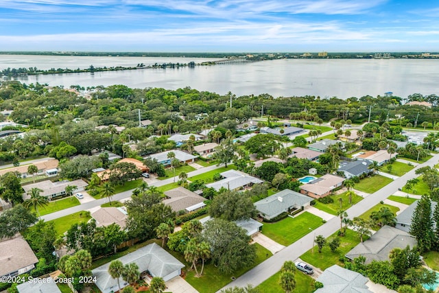 aerial view featuring a water view