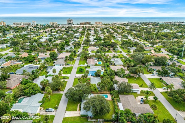 aerial view featuring a water view