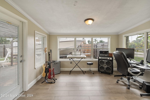 office space with crown molding, a textured ceiling, and vaulted ceiling