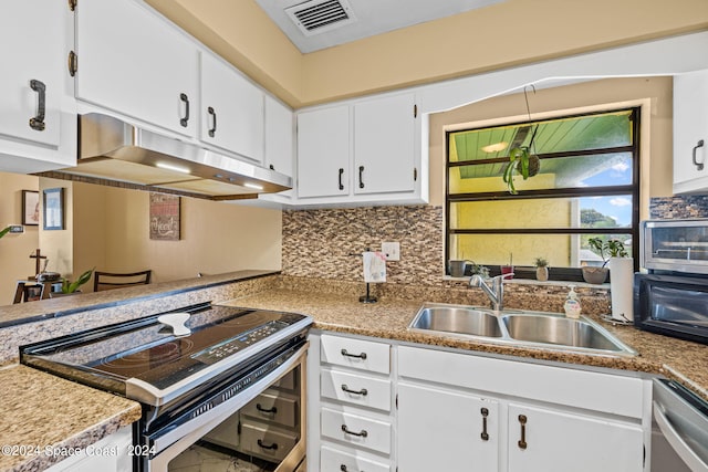 kitchen with appliances with stainless steel finishes, backsplash, white cabinetry, and sink