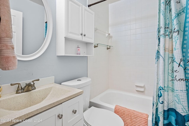 full bathroom featuring vanity, toilet, and shower / bathtub combination with curtain