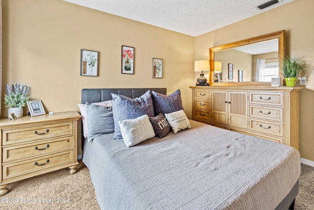 carpeted bedroom with a textured ceiling