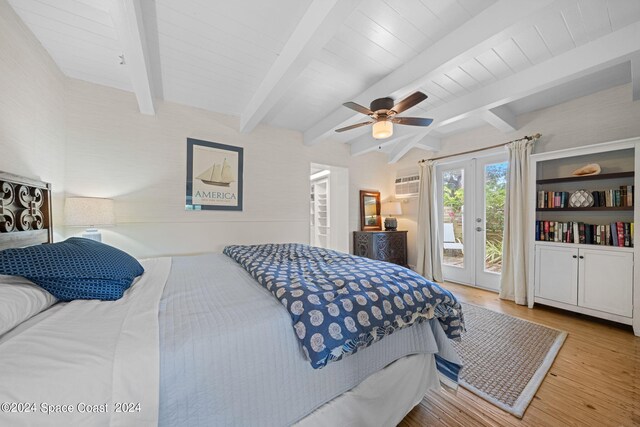 bedroom with french doors, beam ceiling, access to exterior, ceiling fan, and light wood-type flooring