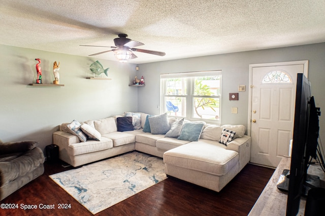 living room with ceiling fan, dark hardwood / wood-style flooring, and a textured ceiling