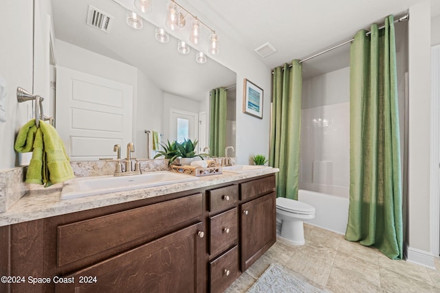 full bathroom with tile patterned floors, shower / bath combination with curtain, toilet, and vanity