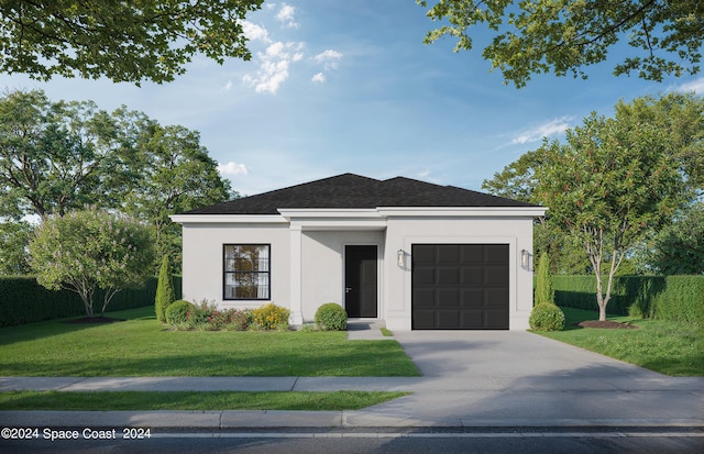 view of front of home featuring a front yard and a garage