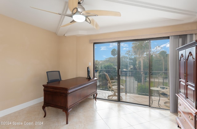 tiled office space with ceiling fan