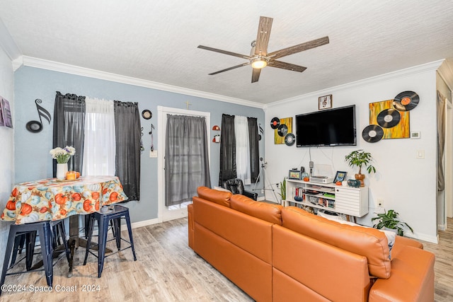 living room featuring crown molding, light hardwood / wood-style flooring, ceiling fan, and a textured ceiling