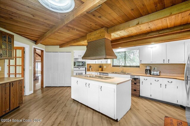 kitchen featuring a kitchen island, wooden ceiling, and white cabinets