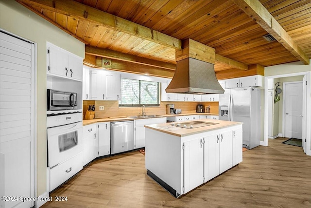 kitchen featuring white cabinetry, a center island, appliances with stainless steel finishes, and wooden ceiling