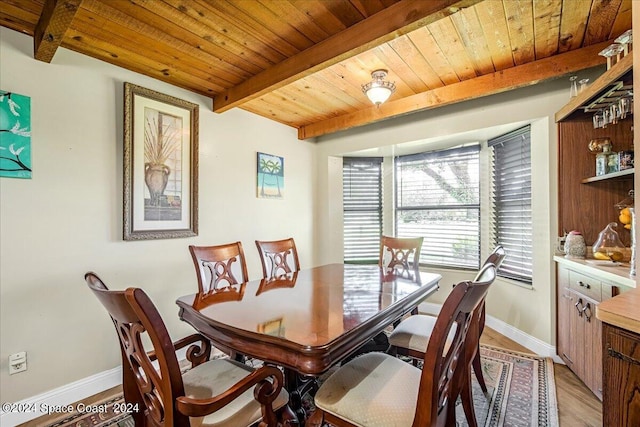 dining space featuring light wood-type flooring, wood ceiling, and beamed ceiling