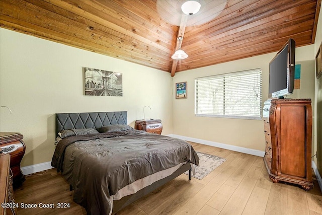 bedroom featuring light wood-type flooring and wood ceiling