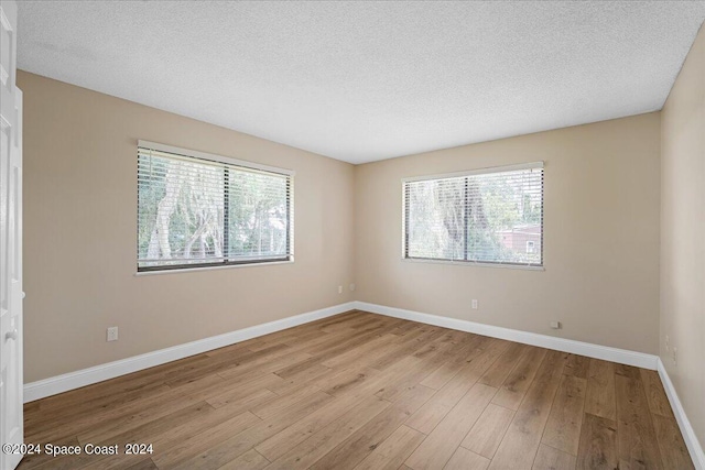 spare room with a textured ceiling, a healthy amount of sunlight, and light wood-type flooring