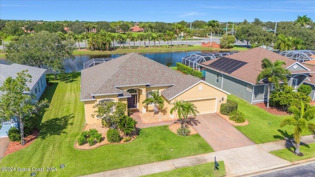 aerial view featuring a water view