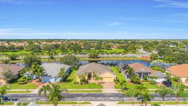 aerial view featuring a water view