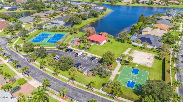 drone / aerial view featuring a water view