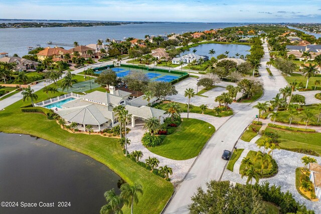 birds eye view of property featuring a water view