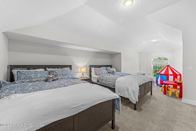 carpeted bedroom with a textured ceiling and lofted ceiling