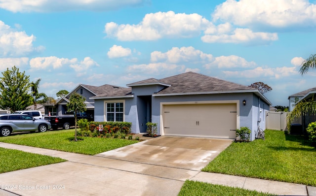 single story home with a garage and a front lawn