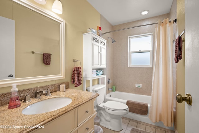 full bathroom with shower / tub combo with curtain, vanity, toilet, and tile patterned flooring