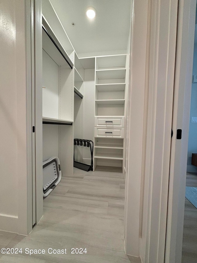 walk in closet with light wood-type flooring