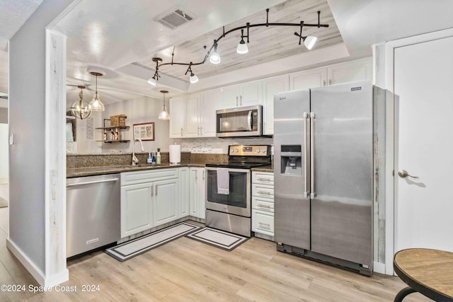 kitchen with white cabinetry, sink, light hardwood / wood-style flooring, a tray ceiling, and appliances with stainless steel finishes