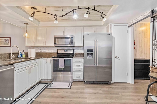 kitchen with stainless steel appliances, a tray ceiling, sink, pendant lighting, and white cabinetry