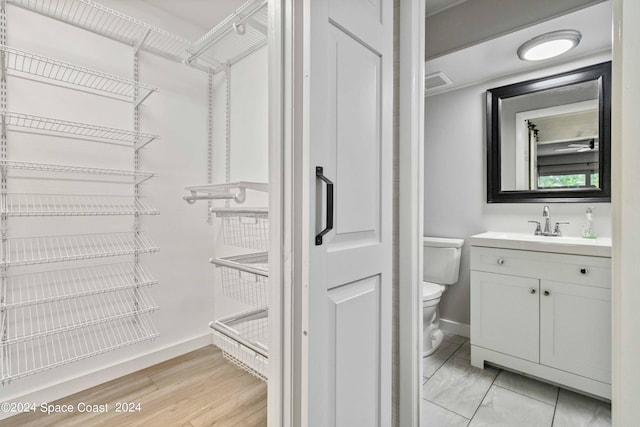 bathroom featuring vanity, hardwood / wood-style flooring, and toilet