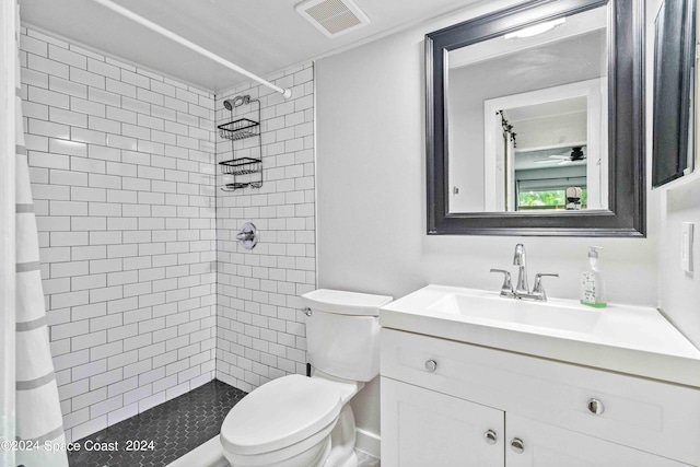 bathroom with vanity, toilet, and curtained shower