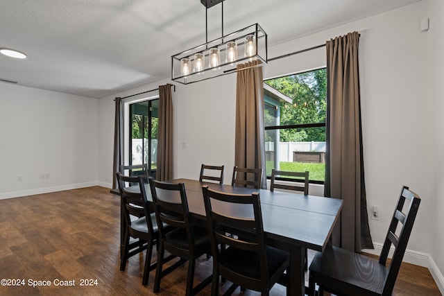 dining area with a wealth of natural light, dark hardwood / wood-style flooring, and a textured ceiling