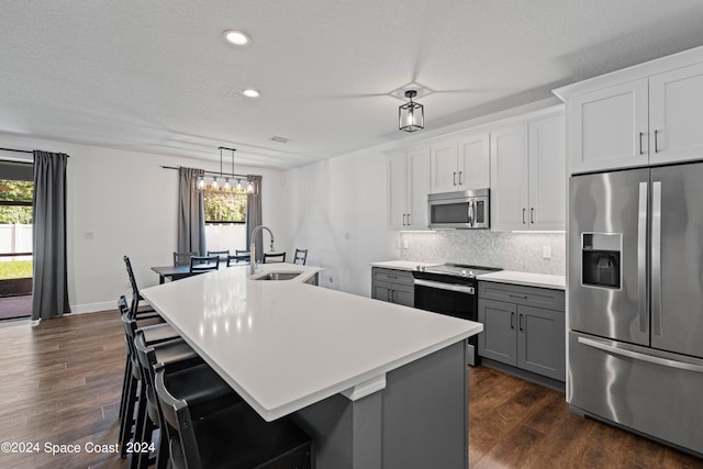 kitchen featuring an island with sink, pendant lighting, sink, and appliances with stainless steel finishes