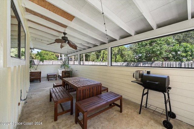 view of patio with a grill and ceiling fan