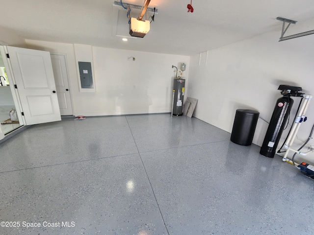 garage with electric panel, water heater, and a garage door opener