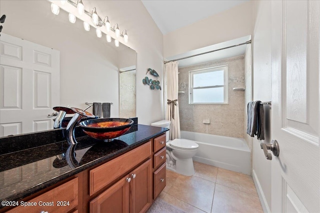 full bathroom featuring vanity, toilet, shower / bath combination with curtain, and tile patterned flooring