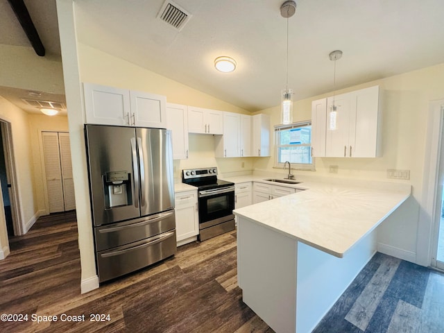 kitchen featuring white cabinets, stainless steel appliances, dark hardwood / wood-style floors, and sink