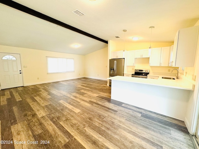 kitchen featuring vaulted ceiling with beams, sink, wood-type flooring, white cabinetry, and stainless steel appliances