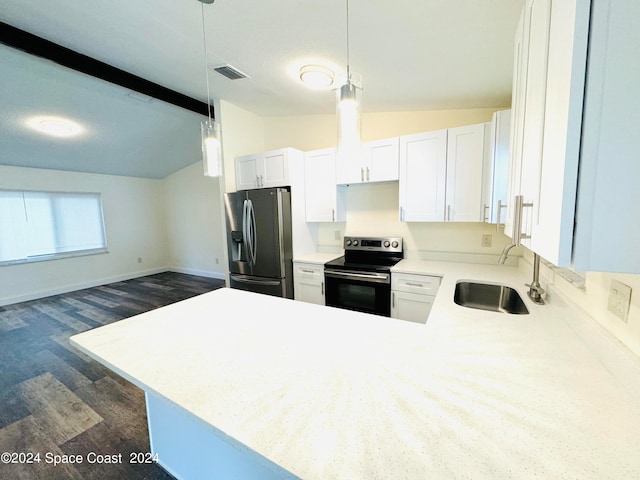 kitchen featuring white cabinetry, pendant lighting, stainless steel appliances, vaulted ceiling with beams, and sink